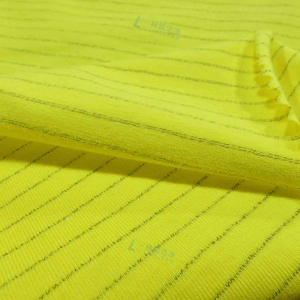 Tecido ESD de malha condutora de carbono e poliéster antiestático com listras amarelas para vestuário